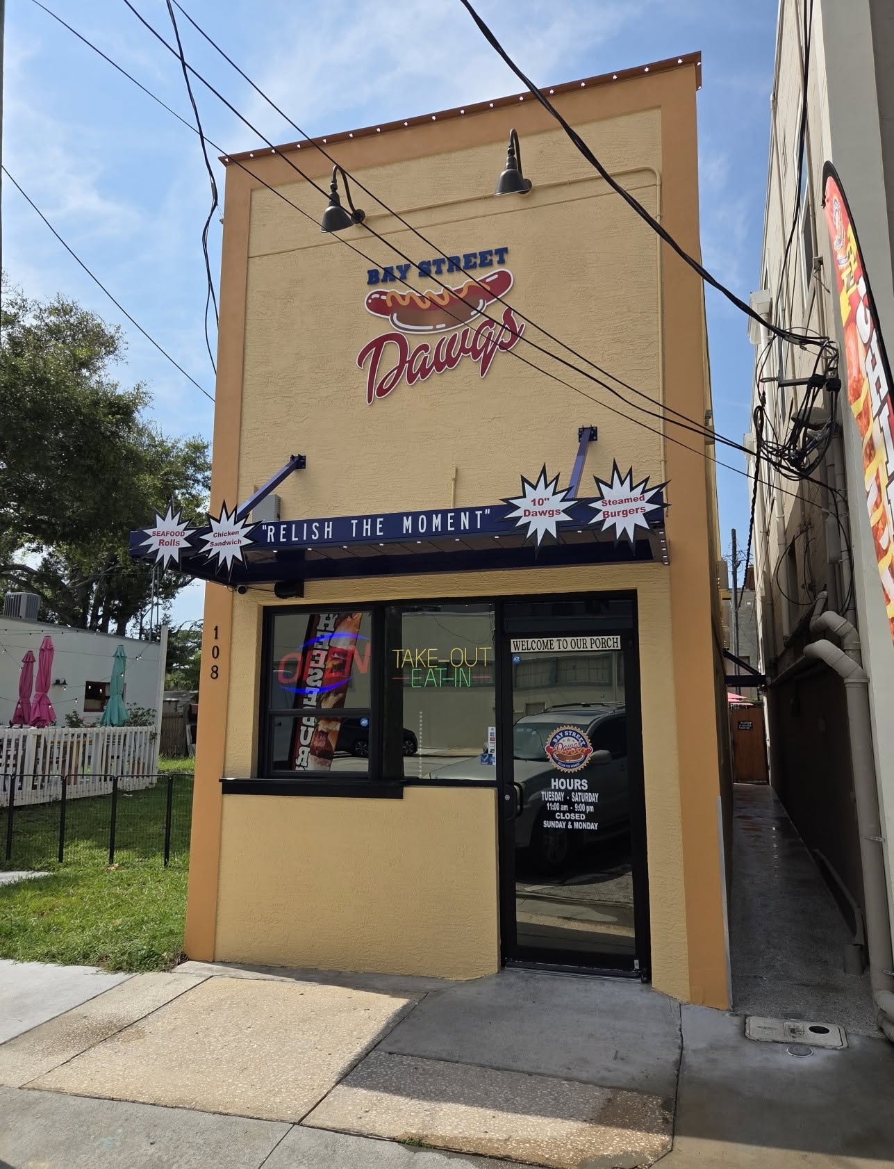 Storefront window film on Bay Street Dawgs restaurant